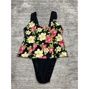 Beach Cabana Swimsuit‎ One Piece Womens Large Black Floral Sleeveless